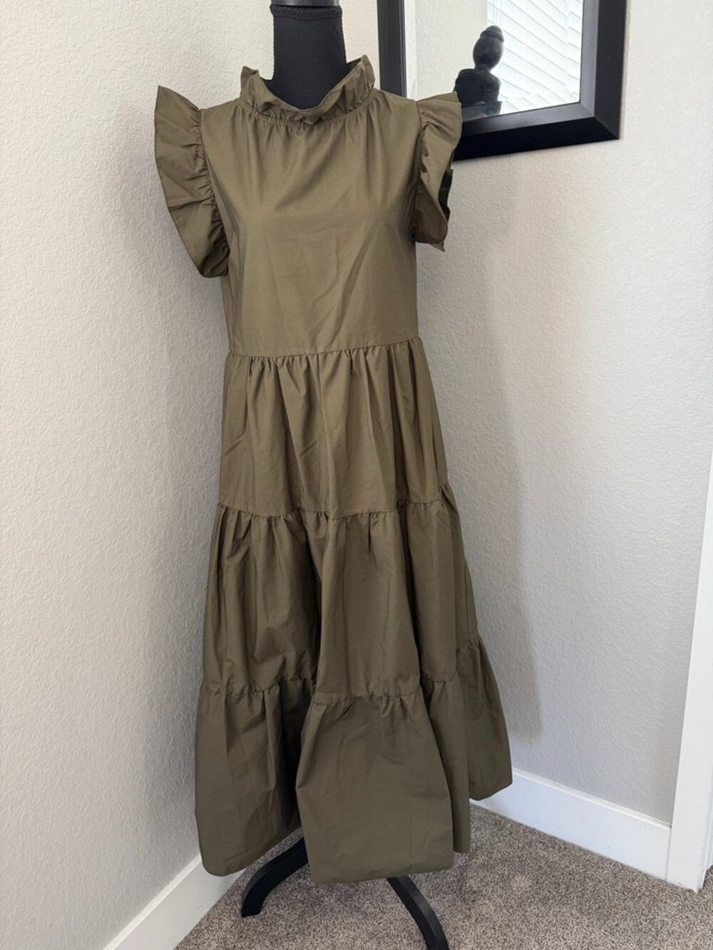 CHEPE Ansaldo Italy Cotton Tiered Ruffle Maxi Dress Olive Green XS - Picture 2 of 10